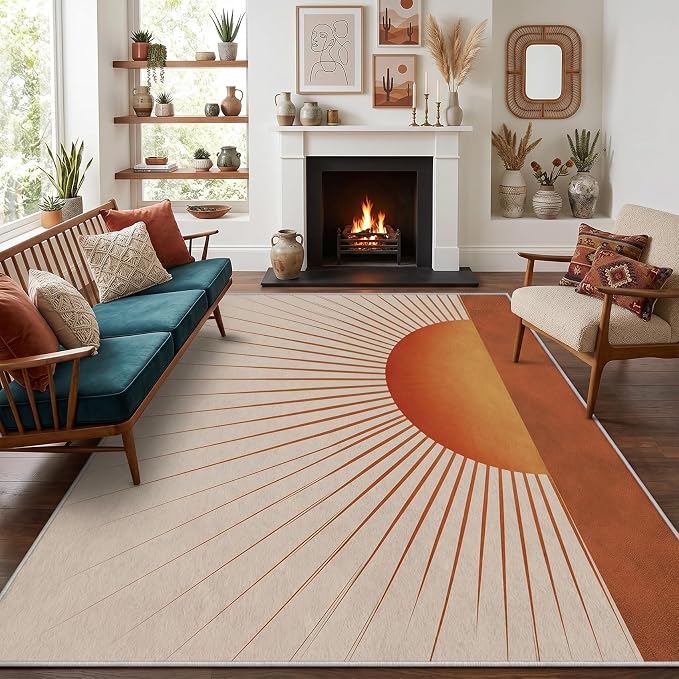 Sunburst Area Rug 5x7, Retro Sun Design Rug, Mid Century Modern Carpet for Living Room Bedroom, Soft Non Slip Washable Area Rug
