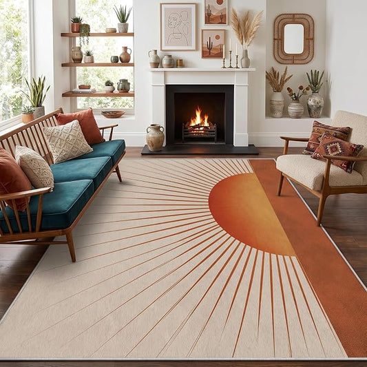 Sunburst Area Rug 5x7, Retro Sun Design Rug, Mid Century Modern Carpet for Living Room Bedroom, Soft Non Slip Washable Area Rug