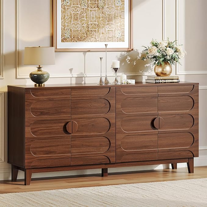 ONBRILL 63" Sideboard Buffet Cabinet with Storage, Large Buffet Cabinet with 4 Circular Panel Design Doors and Adjustable Shelves, Modern Sideboard for Living Room, Kitchen (Walnut)