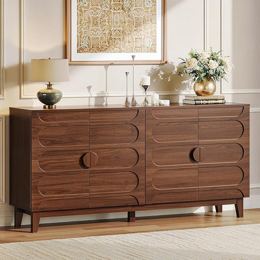 ONBRILL 63" Sideboard Buffet Cabinet with Storage, Large Buffet Cabinet with 4 Circular Panel Design Doors and Adjustable Shelves, Modern Sideboard for Living Room, Kitchen (Walnut)