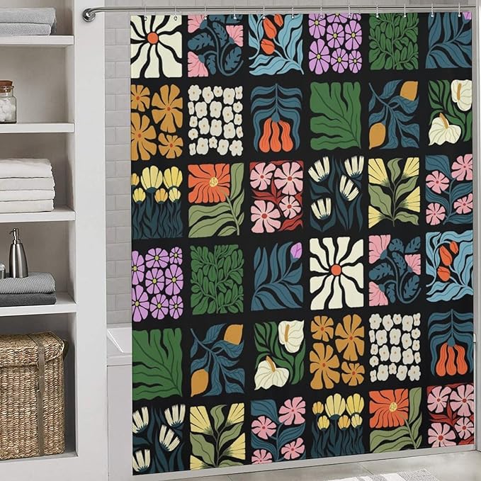 Vintage Floral Plant Lattice Shower Curtains Colorful Spring Flower Farmhouse Mid Century Cafe Washable Waterproof Fabric for Bathroom Decor Bathtub with 12 Hooks 72x72in (183x183cm)