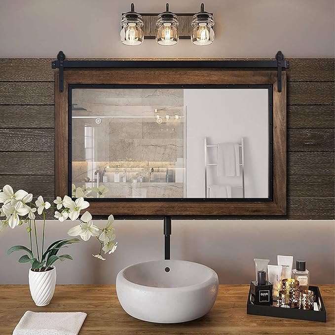 YOSHOOT Farmhouse Barn Door Mirror, 40"x26" Rustic Bathroom Mirrors, Wood Frame Wall Mounted-Mirror, for Living Room Bedroom Entryway Wall Décor, Horizontal Hanging ONLY