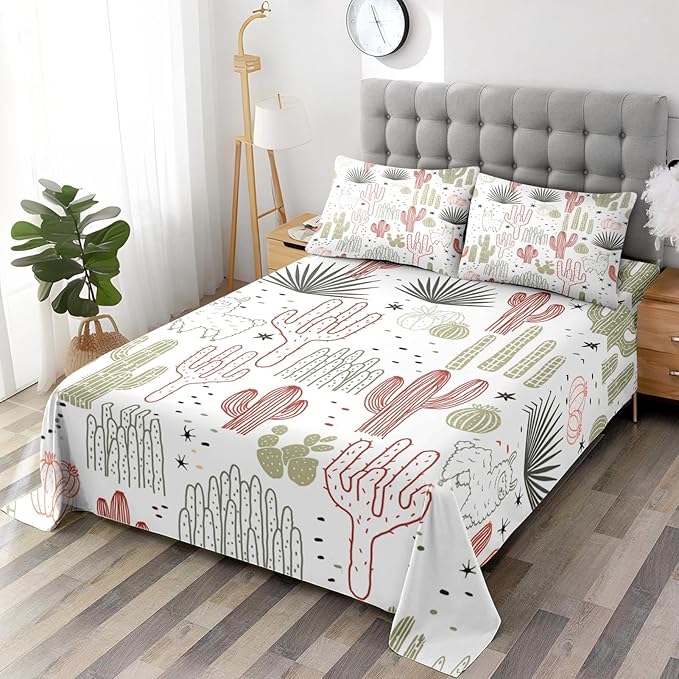 Pamnest King Size Bed Sheet Sets, Mexican Vintage Ivory Soft Microfiber 4 Pcs Bedding Sets for Kids and Adults Bedroom Bed Decor, Cactus Flower Floral Flat, Fitted Sheet and 2 Pillowcases