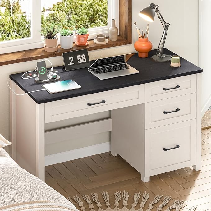 Vabches Farmhouse 47" Executive Desk with 4 Drawers, Computer Desk with File Drawer and Charging Station, Workstation for Home Office, Study.（Black）