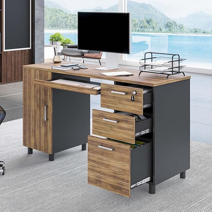 Modern Design Venice Computer Desk with Lockable Drawers, 53 Inch Home Office Desk with Storage Cabinet, Keyboard Tray & Cable Management, Modern Study Writing Desk for Small Spaces, Walnut and Black