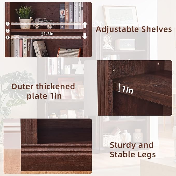 70" Walnut Tall Bookshelf,5-Tier Thick Wooden Book Shelf with Adjustable Shelves,Free Standing Farmhouse Bookcase with Open Display Storage,Floor Vintage Bookshelves for Living Room,Office