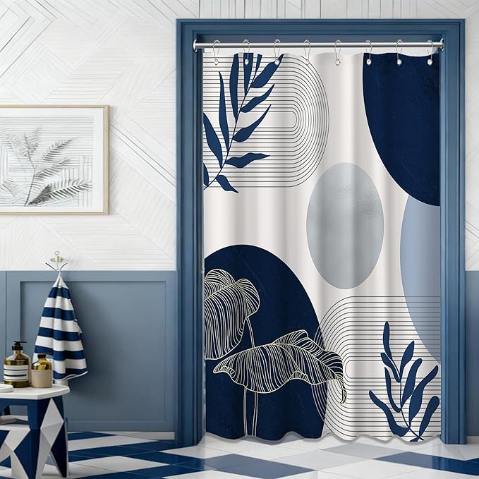 Navy Blue and White Shower Curtain Mid Century Modern Dark Blue Boho Shower Curtains for Bathroom Decor MCM Mens Cool Bath Curtain Set, Waterproof Fabric with Hooks 48 x 72 Inch