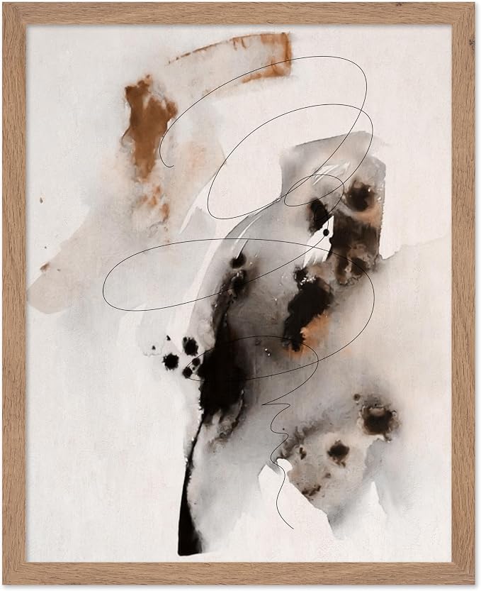 Poster Master Ink Wash Painting Poster - Line on Ink Wash Print - Ink Brush Art - Abstract Illustration - Line Design - Bedroom or Living Room Wall Decor - 8x10 Beige Framed