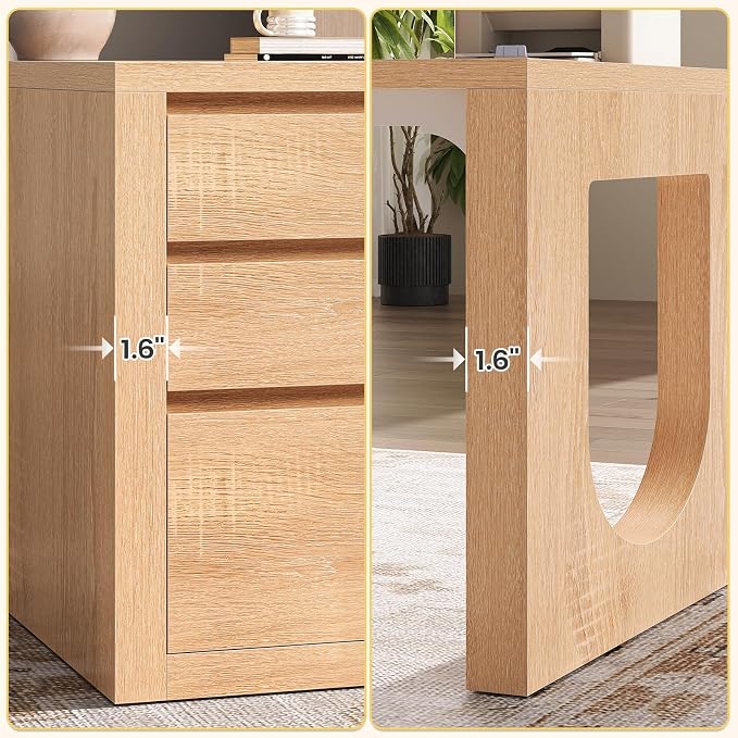 SEDETA 63" L Shaped Desk with 3 Drawers, Modern Executive Office Desk with File Drawer, Wood Corner Computer Desk with Relief Texture, Home Office Desk with Power Outlet, Natural