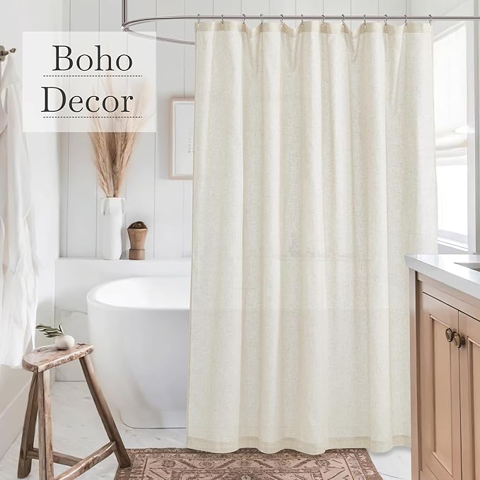 KGORGE Natural Linen Shower Curtain for Bathroom - Linen Blend Button Hole Semi Sheer Lightweight Waterproof Shower Curtains for Bathtub, 72 x 78 inches Long, Hooks Included