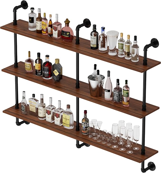 3-Tier Industrial Pipe Floating Shelf – Rustic 48 inch Wood Wall-Mounted Storage Shelf for Kitchen Office,Bathroom & Home Decor -Walnut