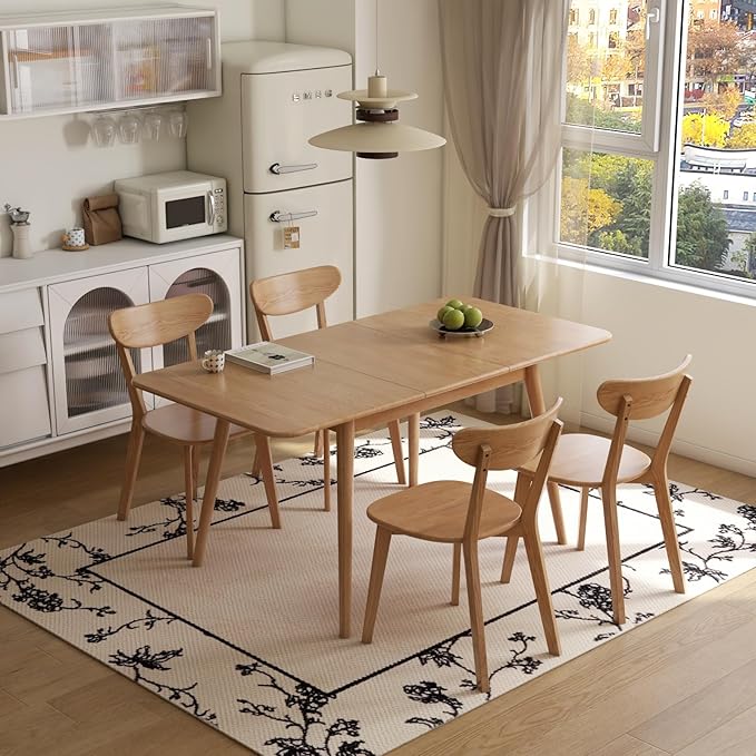 47’’-63’’ 100% Oak Extendable Dining Table and Chairs Set for 4, Solid Wood Folding Kitchen Table, Mid Century Modern Dinner Table for Kitchen, Living Room, Natural (47''-63''+4 Chairs)