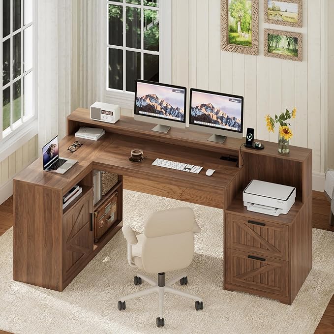 TVU Farmhouse L Shaped Desk with Drawers, 62.2" Home Office Desk with Storage Shelves and Power Outlet, L Shaped Computer Desk with Monitor Stand and Printer Shelf, Brown