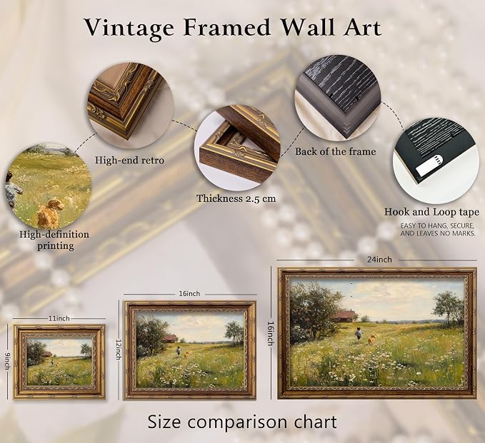 Vintage Gold Framed Wall Art Dog and Boy Landscape Painting Canvas Prints Retro Country Farmhouse Prints Artwork Rustic Wildflower Meadow Wall Decor for Kids Bedroom Living Room Decor12x16in