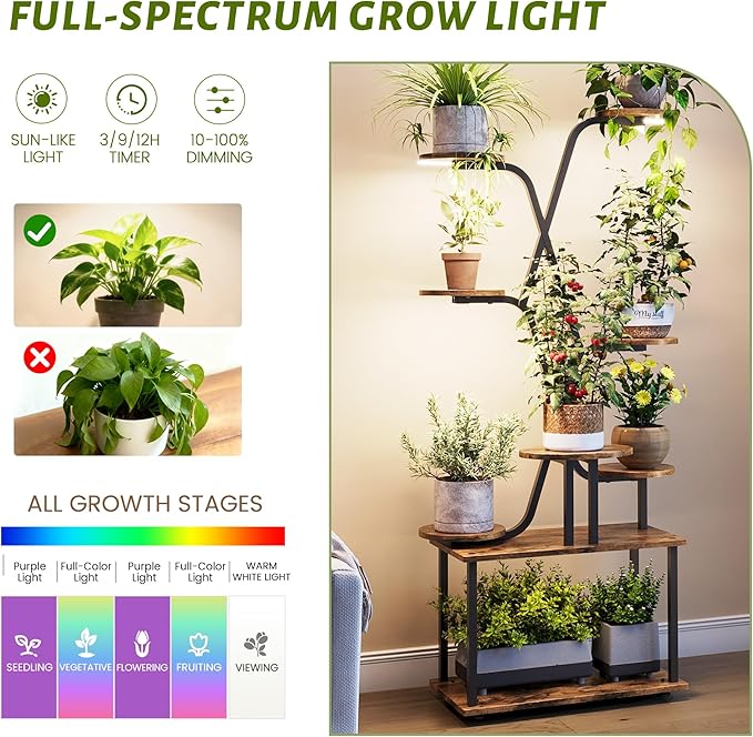 60" Tall Indoor Plant Stand, 9-Tiered Indoor Plant Stand for Large Plants, Metal Plant Stand Indoor with Grow Lights for Living Room, Balcony & Patio
