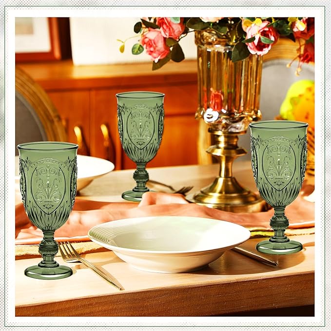 18 Pack Plastic Goblets 10oz Upgrade Vintage Water Goblet Plastic Wine Glasses Colored Retro Embossed Glassware for Party Wine Bar Juice Baby Shower Wedding Reception Grand (Olive Green)
