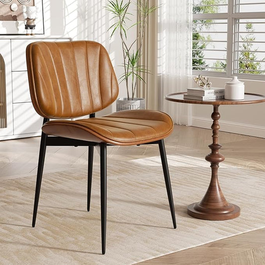 Dining Chair, Mid Century Modern Dining Room Chairs, Upholstered Faux Leather Kitchen Chairs with Walnut Bentwood Back and Metal Legs for Kitchen Dining Room Living Room, Brown