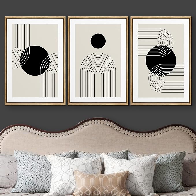 wall26 Framed Wall Art Print Set Boho Black Dots with Swirling Line Art Abstract Patterns Digital Art Modern Art Bohemian Chic Relax/Calm for Living Room, Bedroom, Office - 16"x24"x3 Natural