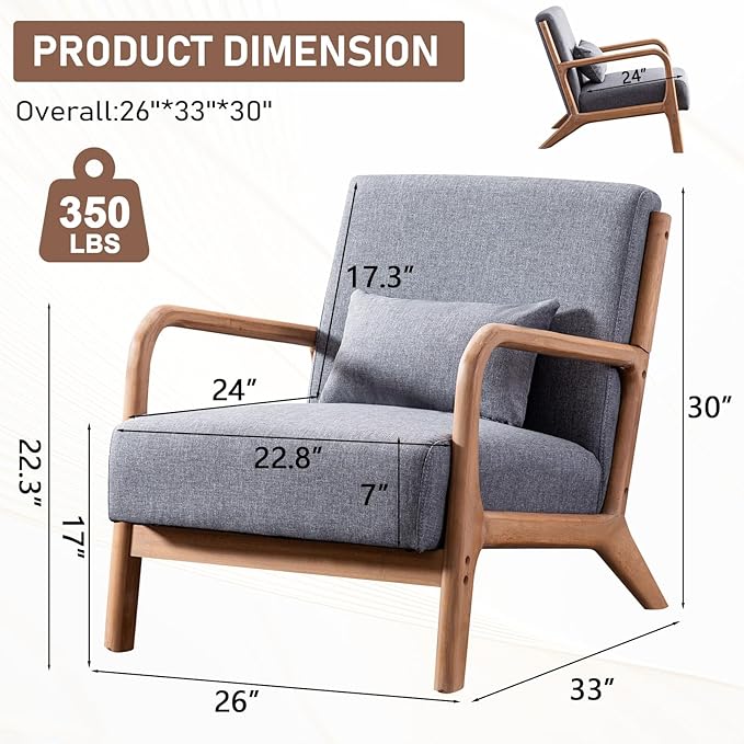 ANJ Mid Century Modern Accent Chairs Set of 2, Comfy Fabric Reading Chair with Solid Wood Frame, Easy Assembly Armchair for Living Room,Grey