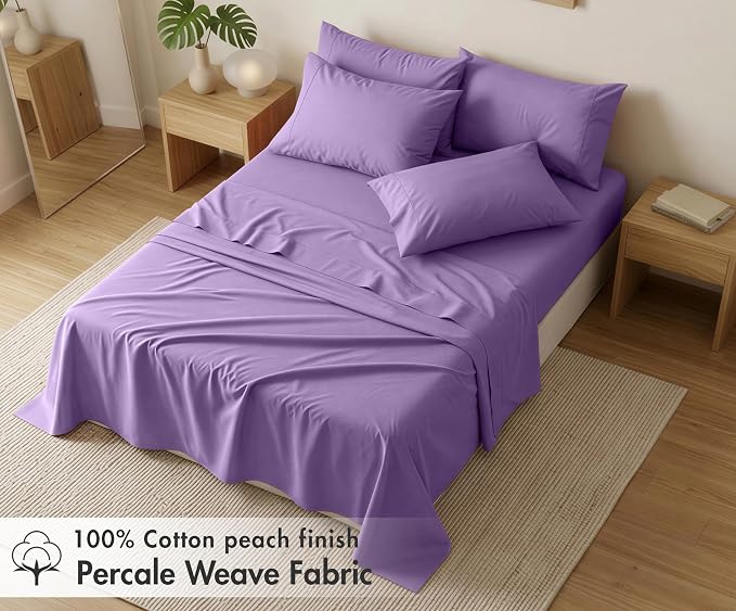 RUVANTI 100% Cotton Percale Sheets California King Size 6 Piece Set, Cooling Bed Sheets for Hot Sleepers, Deep Pocket 14”, Breathable Lightweight & Durable, Crisp Hotel Style Sheets, Purple Sage