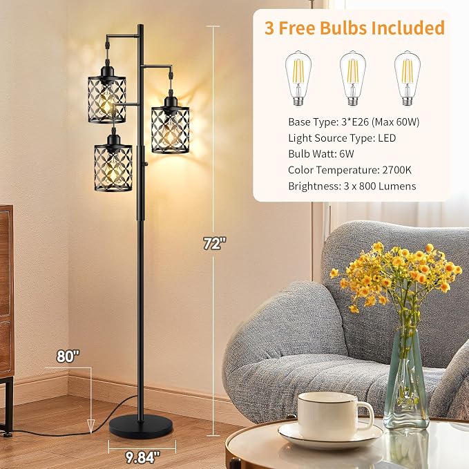Dimmable Floor Lamp, Farmhouse Standing Lamp with Elegant Metal Cage, Industrial Tall Tree Floor Lamps for Living Room, Bedroom, Study Room, Office, 3 x 800LM LED Bulbs Included, 72", Black