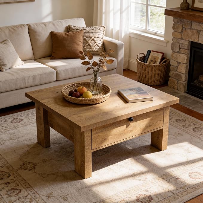 Tribesigns Coffee Table for Living Room, 31.5" Square Coffee Table with Storage for Small Spaces (Brown)