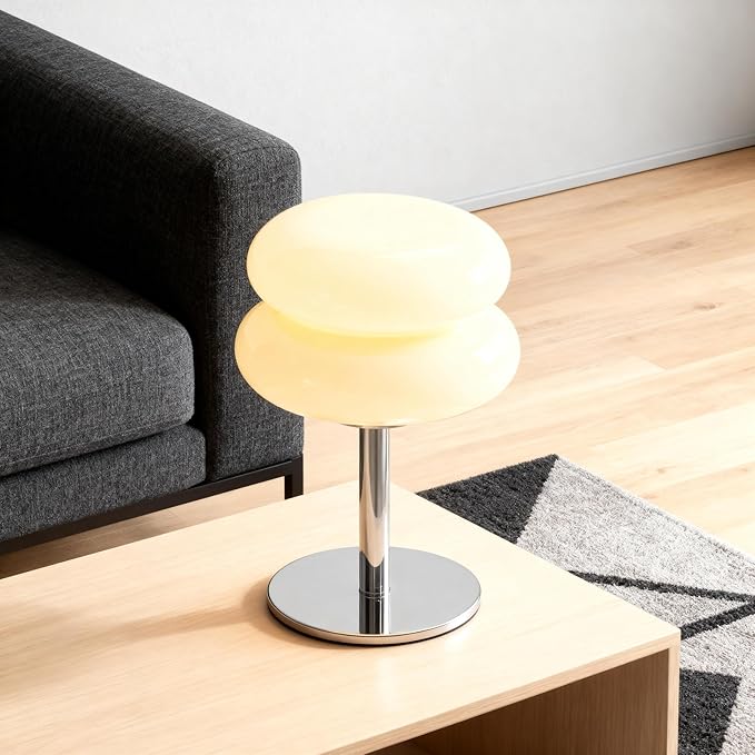 Fandian Beige Table Lamp for Bedroom, Mid Century Modern Lamp for Nightstand, 3 Color Change Egg Tart Bedside Small Lamps, Unique Home Mushroom Cute Desk Lamps