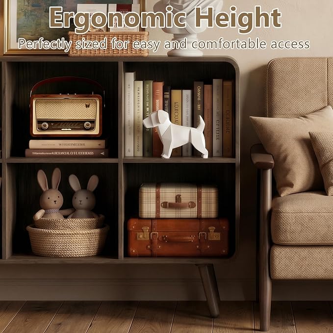 YOSHOOT 8 Cube Bookshelf - 46.5" Wood Cube Bookcase with Legs, Open Cubby Bookshelves with Curved Profile Design for Bedroom, Living Room,Home Office, Walnut