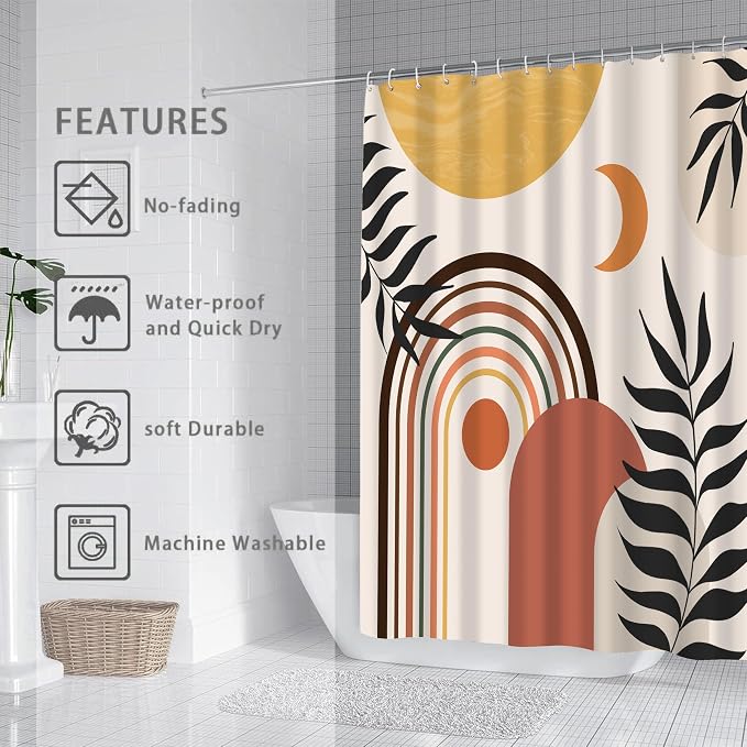 Mid Century Abstract Boho Aesthetic Shower Curtain Set, Green Nature Leaf Sun Modern Minimalist Home Bathroom Curtain Decor with 12 Hooks 72 Inch Wide * 72 Inch High