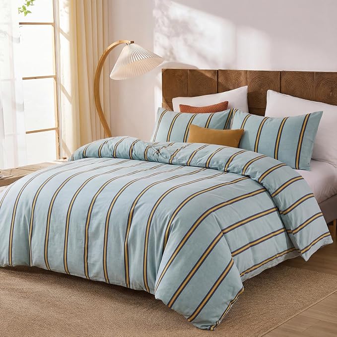 Merryword Green & Orange Striped Duvet Cover Set Queen Size, 100% Cotton Bedding Set with Zipper Closure & 8 Corner Ties, Luxury Linen Like Bedding, Soft Breathable Comforter Cover for All Seasons