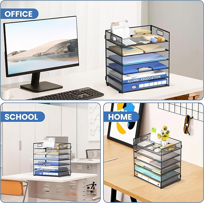 Daltack 6 Tier Paper Organizer for Desk, Paper Letter Tray Organizer for Desks, Mesh Desk File Organizers with Handle for Office, Home, School, Classroom, Black