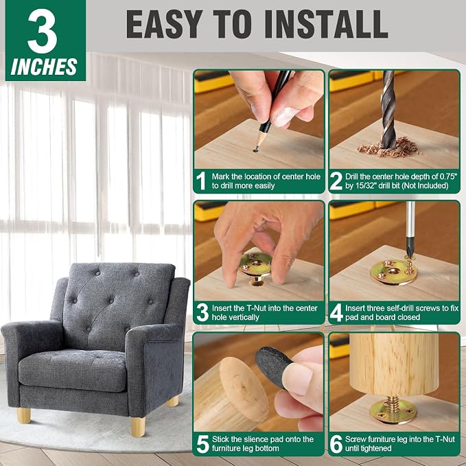 FoDau770 Rubber Wood Furniture Legs 3 Inches, 5/16" UNC Straight Tapered Wood Feet Mid Century Sofa Legs, Wooden Furniture Feet Replacement Parts for Cabinet Couch Dresser Chair Ottoman Table