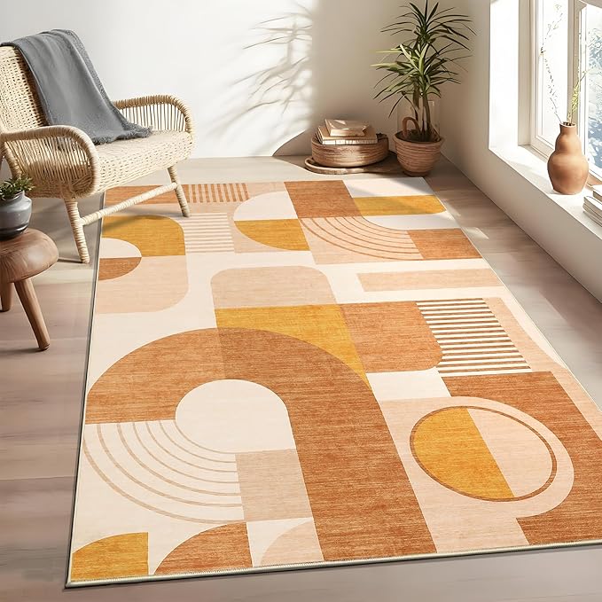 3x5 Washable Rug for Bedroom, Boho Geometric Small Area Rugs for Living Room Entryway Soft Low Pile Non-Slip Indoor Rug for Playroom Dorm Girls, Orange Multi, 3'x5'