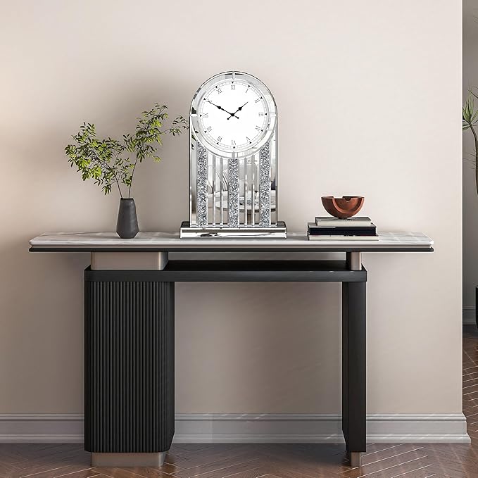SHYFOY Luxury Mirrored Table Clock, 21.7 Inch Desk Clock with Crystal Accents, Silent Non-Ticking Decorative Desk Clock, Battery Operated, Elegant Living Room, Bedroom, Office Decor