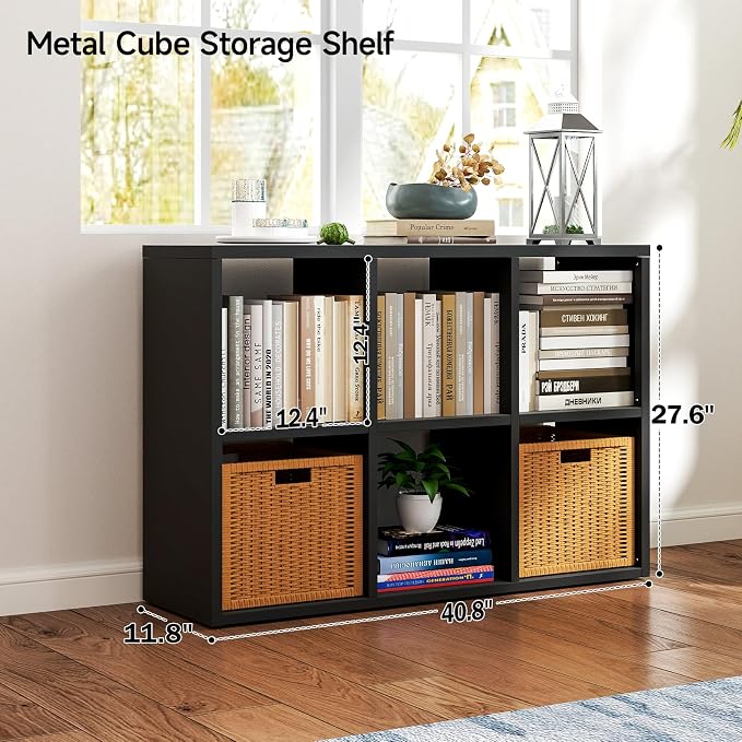 IRONMIX Metal 6 Cube Storage Organizer, Short Black Bookshelf with Storage, Small Horizontal Bookshelf, 2 Tier Open Bookcase Cube Shelf, Freestanding TV Stand for Home Office Library (Black, 1037)