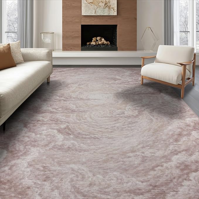 6'x9' Washable Flatwoven Rug, Light Beige Watercolor Abstract Stain Resistant Large Carpet Non-Slip Chair-Friendly Floor Mat for Dining Room, Under Table, Office | Ref:2208261