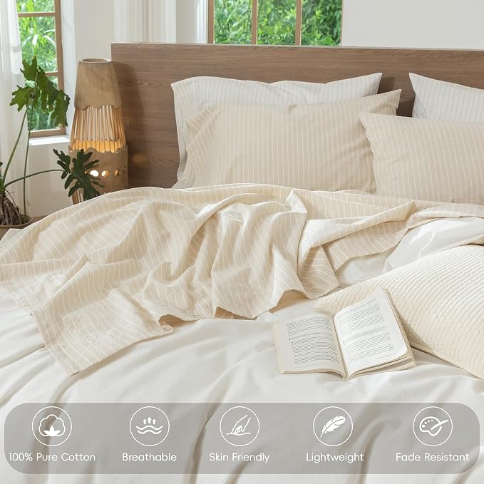 MooMee Striped Sheet Set 100% Washed Cotton Linen Like Textured Breathable Durable Soft Comfy (Almond Milk Grey White Wide Stripes, Queen)