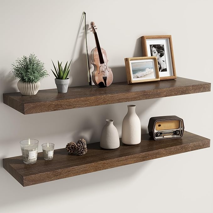 Fun Memories Solid Elm Wood Floating Shelves Set of 2-36 Inch Rustic Wall Shelves with Heavy-Duty Invisible Brackets - for Living Room, Kitchen, Bedroom, Bathroom - Walnut Finish