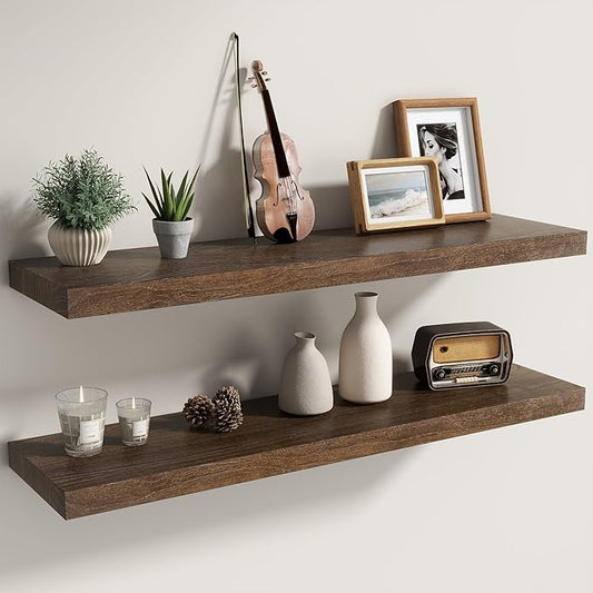 Fun Memories Solid Elm Wood Floating Shelves Set of 2-36 Inch Rustic Wall Shelves with Heavy-Duty Invisible Brackets - for Living Room, Kitchen, Bedroom, Bathroom - Walnut Finish