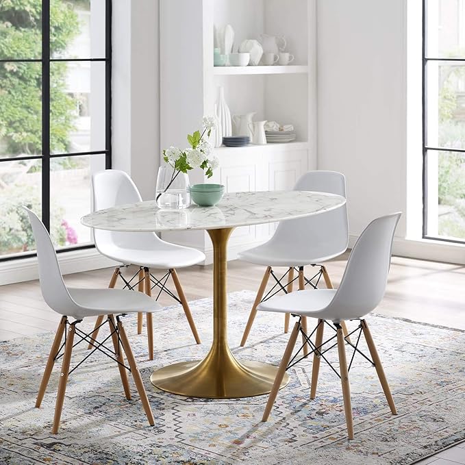 Modway Lippa 54" Oval-Shaped Mid-Century Modern Dining Table with Artificial Marble Top and Gold Base