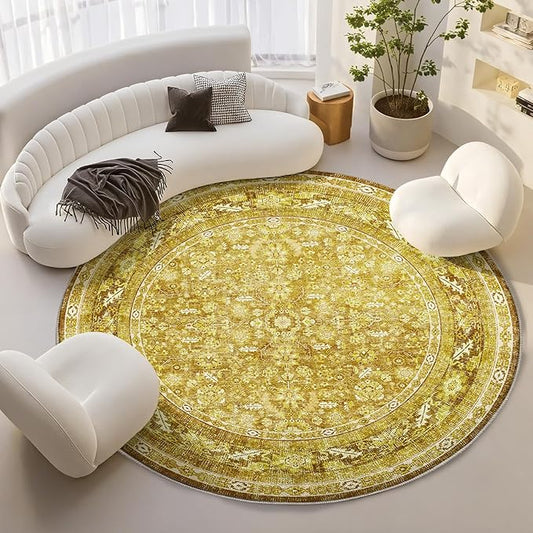 OPPODREAM Vintage Yellow Round Rug 8ft, 8 ft Retro Washable Circle Rug Non Slip, Low-Pile Faux Wool Circular Carpet, Distressed Floor Mat for Living Room, Bedroom, Office, Dorm, Dinning Room