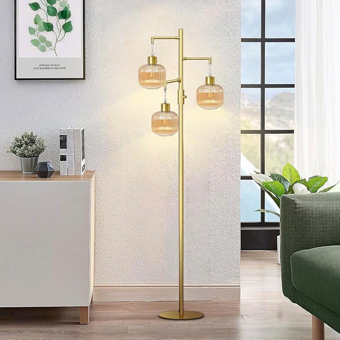 Floor Lamp with Amber Glass Shade, Dimmable Standing Lamp for Living Room, Modern Mid Century 3 Lights Tall Tree Lamp, Rotary Switch, 3 x 6W LED Bulbs Included
