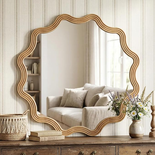 Farmhouse Wall Mirror - 31.5" Wood Frame Round Rustic Wall Decorative Mirrors, Circle Scalloped Wavy Round Boho Accent Mirror for Living Room, Bedroom, Entryway, Hallway, Fireplace (Natural)
