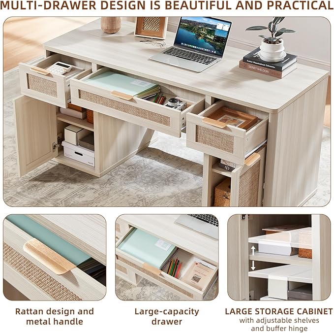 LEYAOYAO 56'' Rattan Farmhouse Executive Desk with Drawers, Wood Home Office Desk with File Cabinet and Metal Handles, Large Vintage Computer Desk for Home, Bedroom, Living Room （Grey）