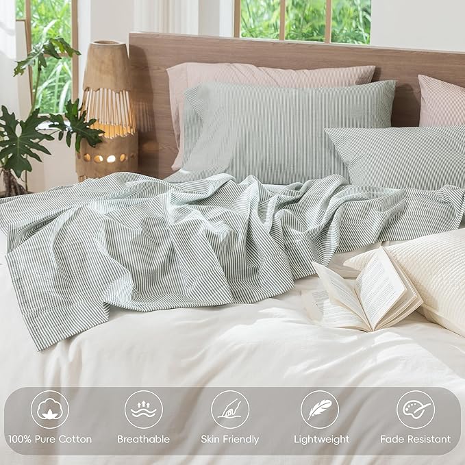 MooMee Striped Sheet Set 100% Washed Cotton Linen Like Textured Breathable Durable Soft Comfy (Heathered Green Pinstripes, King)