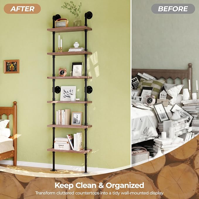 Industrial Ladder Pipe Shelves, Wall Mounted Rustic Bookshelf, Retro Metal Wood Bookcases (Weathered Brown, 6 Tier - 10" D x 24" W x 82.5" H)