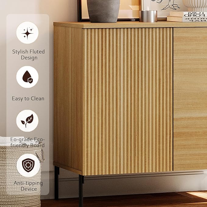 WAMPAT 31.5" Sideboard Buffet Cabinet with 2 Doors and Adjustable Shelves, Fluted Storage Cabinet, Modern Credenza Coffee Bar Wine Bar Table for Kitchen, Dining Room, Living Room,Oak
