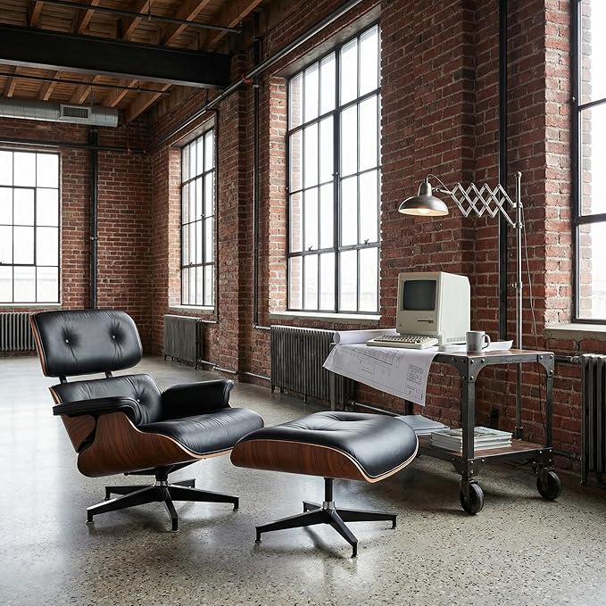 Mid Century Chaise Lounge Chair with Ottoman, Top Black Grain Leather, Modern Office Chair Classic Design, Heavy Duty Base Support for Living Room Study Lounge Office