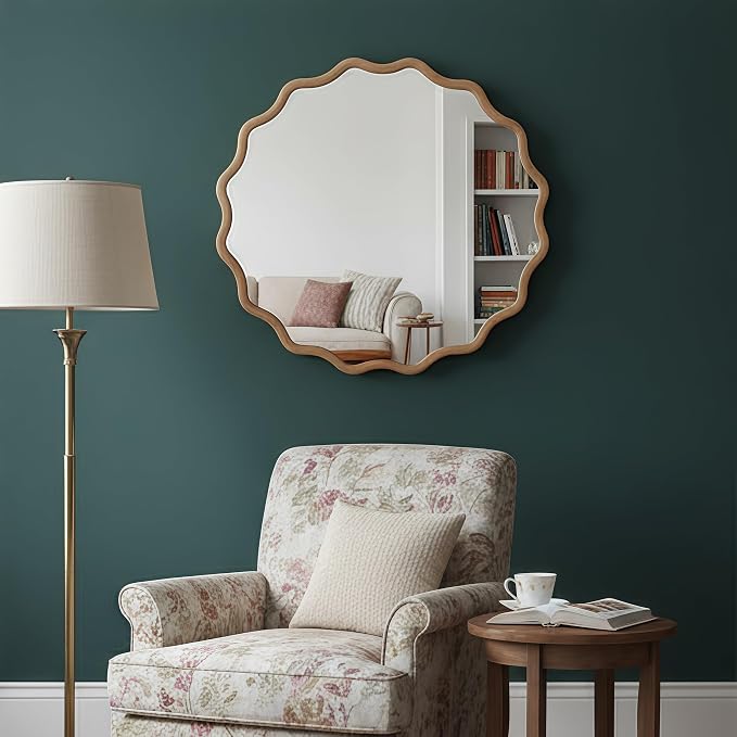 36 Inch Wooden Wavy Round Wall Mirror, Modern Solid Wood Frame Circle Decorative Accent Mirror for Bedroom, Bathroom, Living Room, Entryway, Natural Wood Color