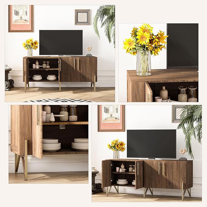 roomfitters Walnut Mid Century Modern TV Stand for TVs up to 65", Sideboard Buffet Cabinet for Living Room, Walnut Entertainment Center with Doors, Credenza Media Console with Storage, Gold Legs…